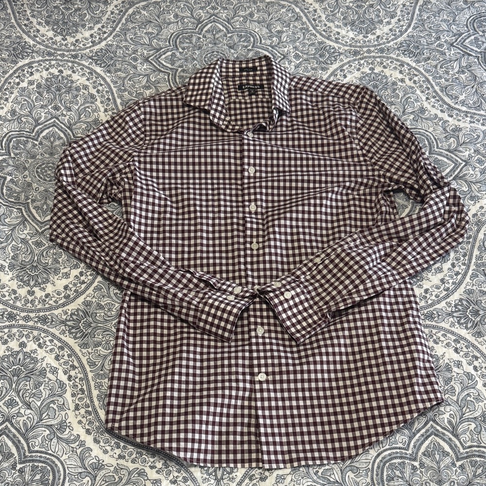 Express Men's Plaid Button Down Shirt - Maroon and White